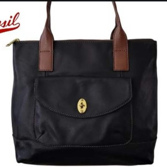 Fossil Leather Black Brown Handbag Purse Shoulder Satchel Tote Classic Women - Picture 2 of 16